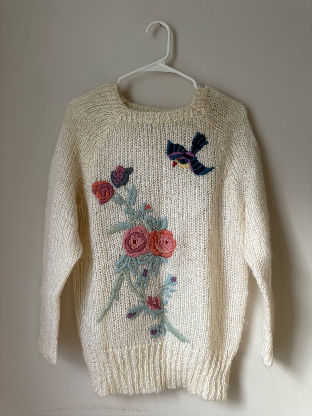 Cream Floral Embroidered Crewneck Sweater